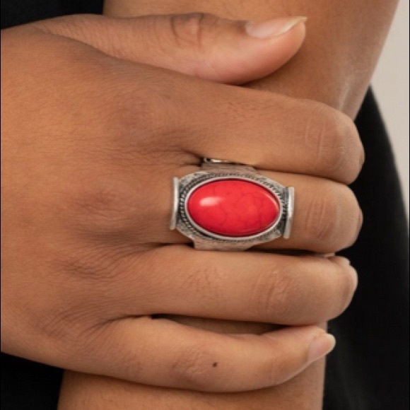Silver-Toned Ring with Red Colored Stone - Picture 2 of 5